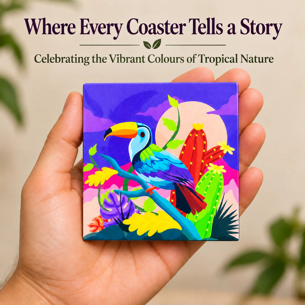 PaintzStories Vibrant Toucan artistic wooden coaster story artwork