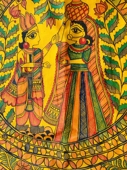 "Madhubani Handpainted Artistic Saree- Radha and Krishna"
