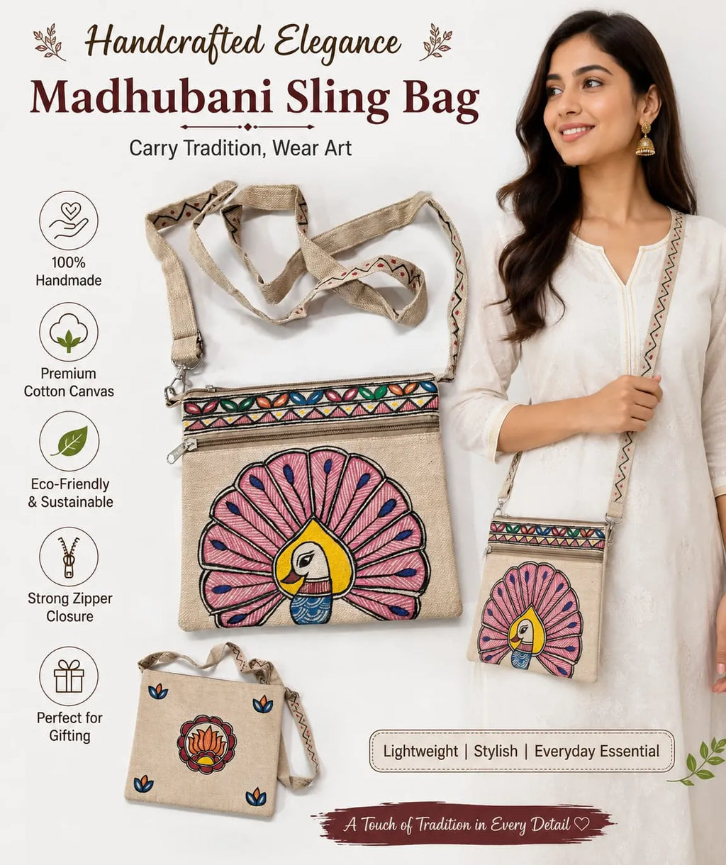 Handmade Madhubani Peacock Jute Sling Bag | Eco-Friendly Crossbody Bag