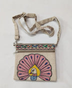 Handmade Madhubani Peacock Jute Sling Bag | Eco-Friendly Crossbody Bag