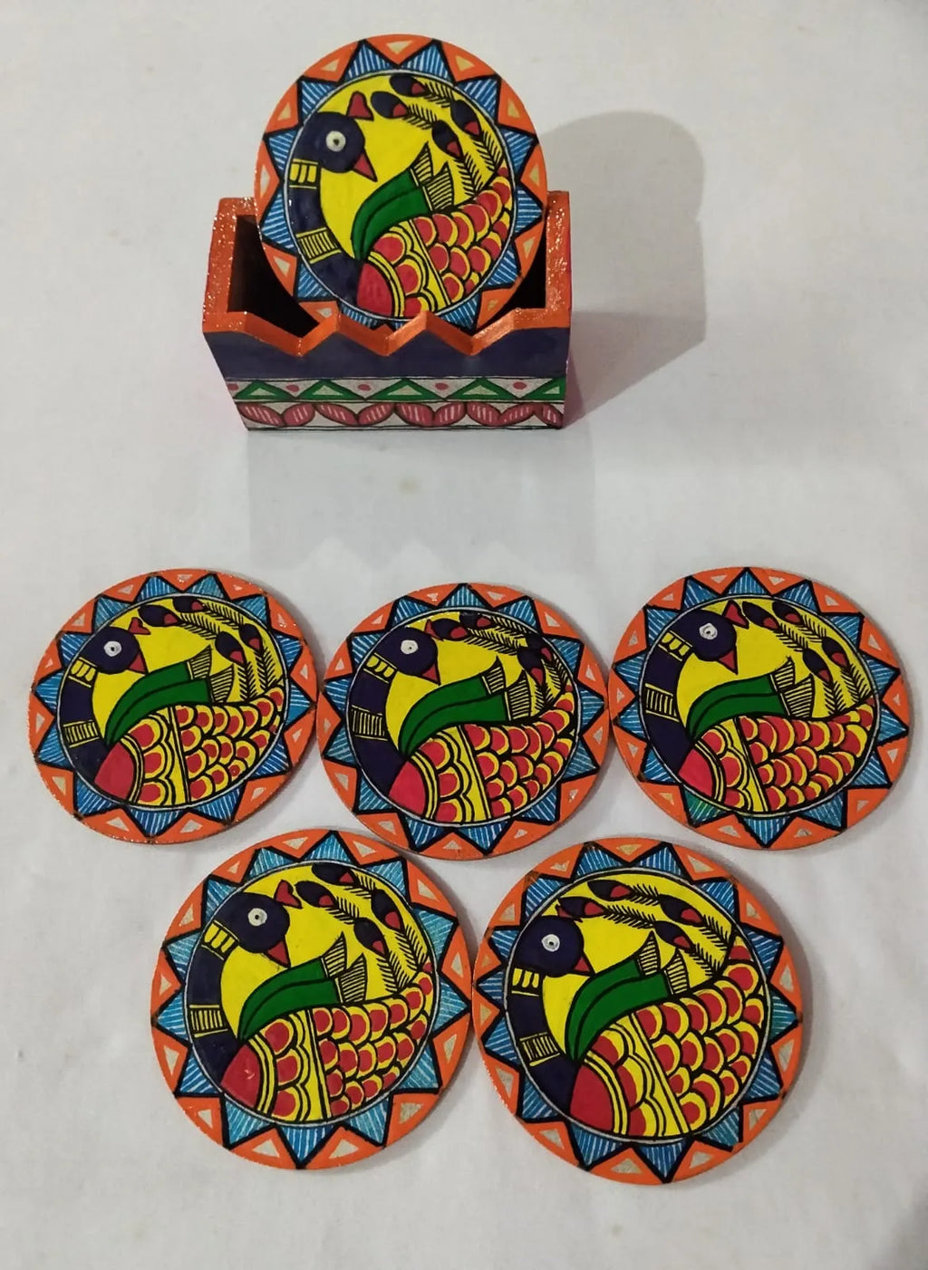 Handmade Madhubani Wooden Tea Coaster Set