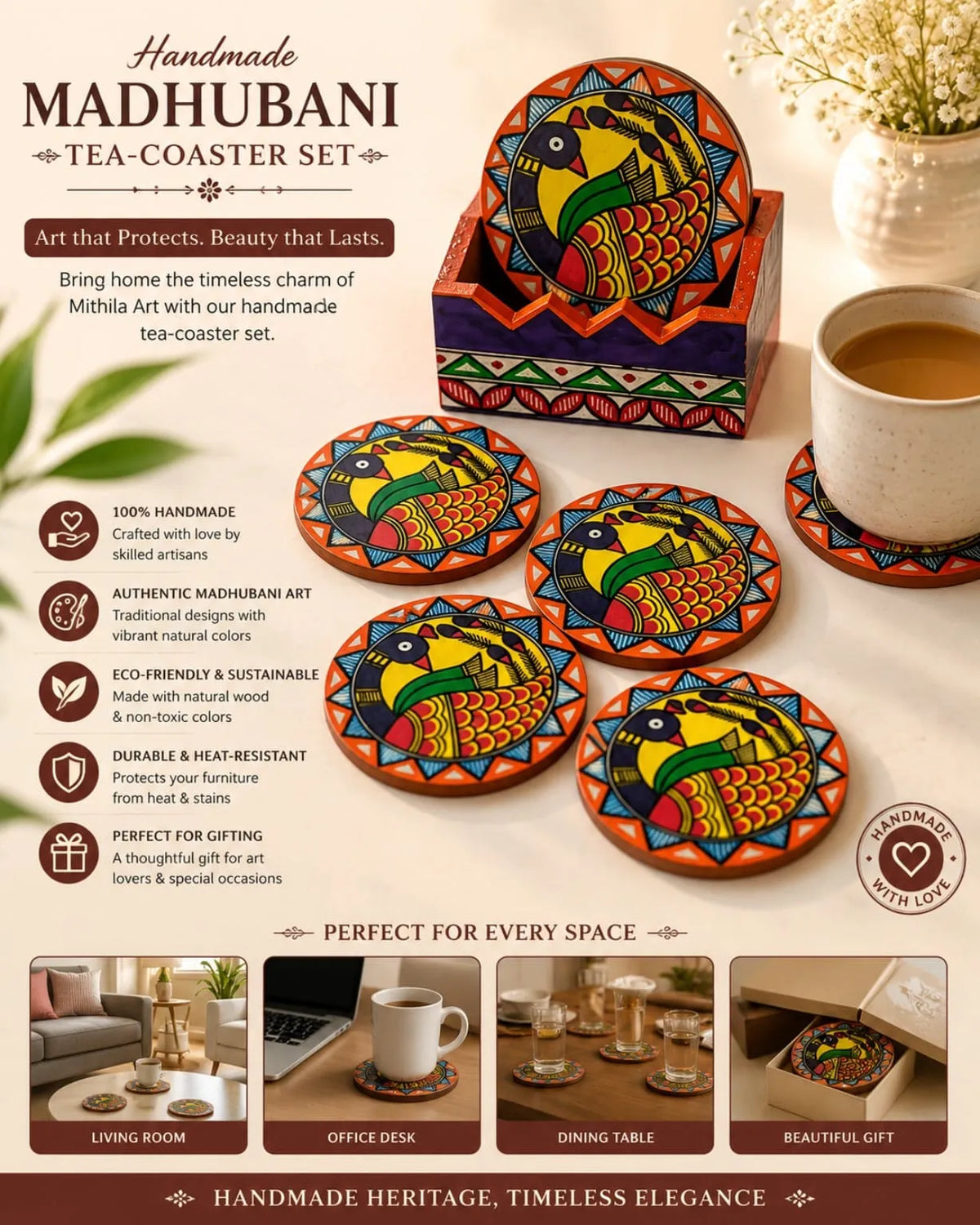 Handmade Madhubani Wooden Tea Coaster Set