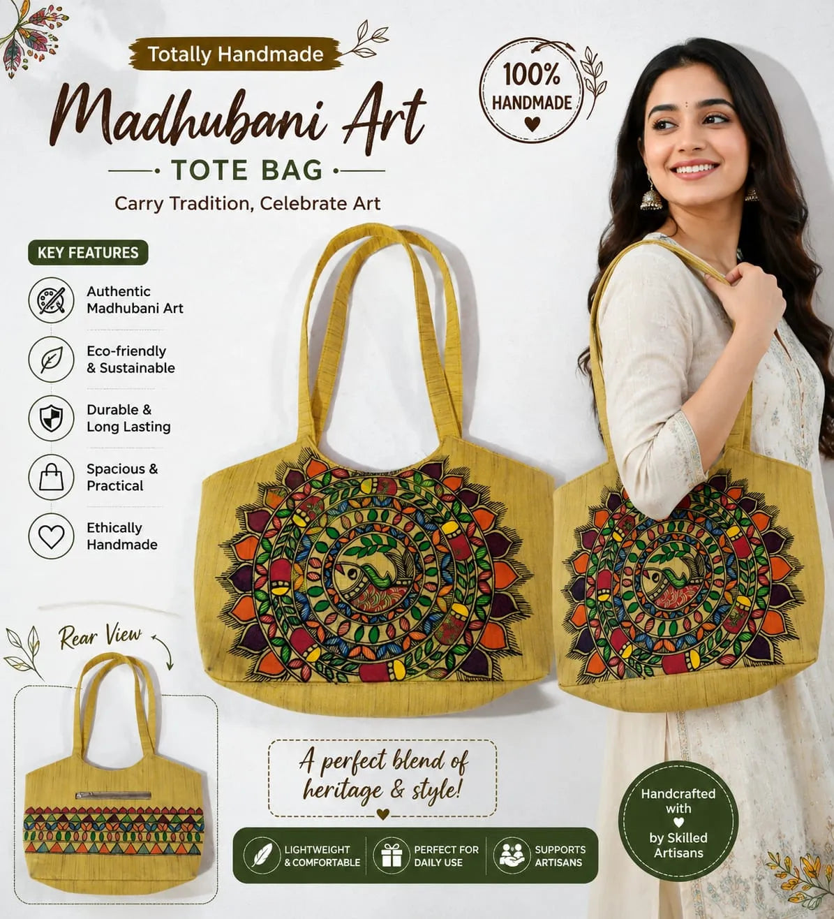 Handmade Madhubani Hand-Painted Khadi Cotton Hand Bag