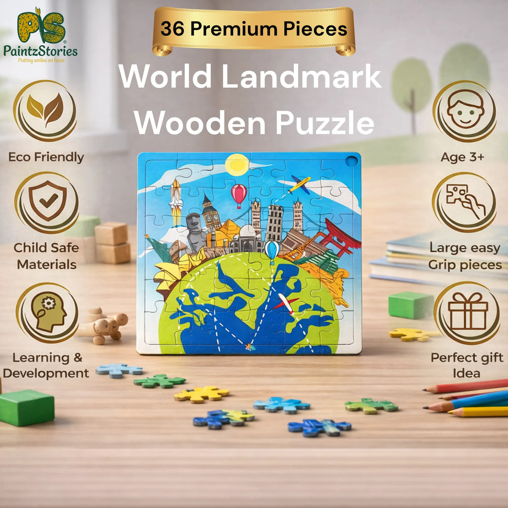 PAINTZSTORIES The World’s Most Iconic Landmarks Wooden Puzzle | 1 Set 36 Pieces Jigsaw | Educational Puzzle for Cognitive & Motor Skills Development | Birthday Gift for Kids | 3+ years | Size 9*9 Inch