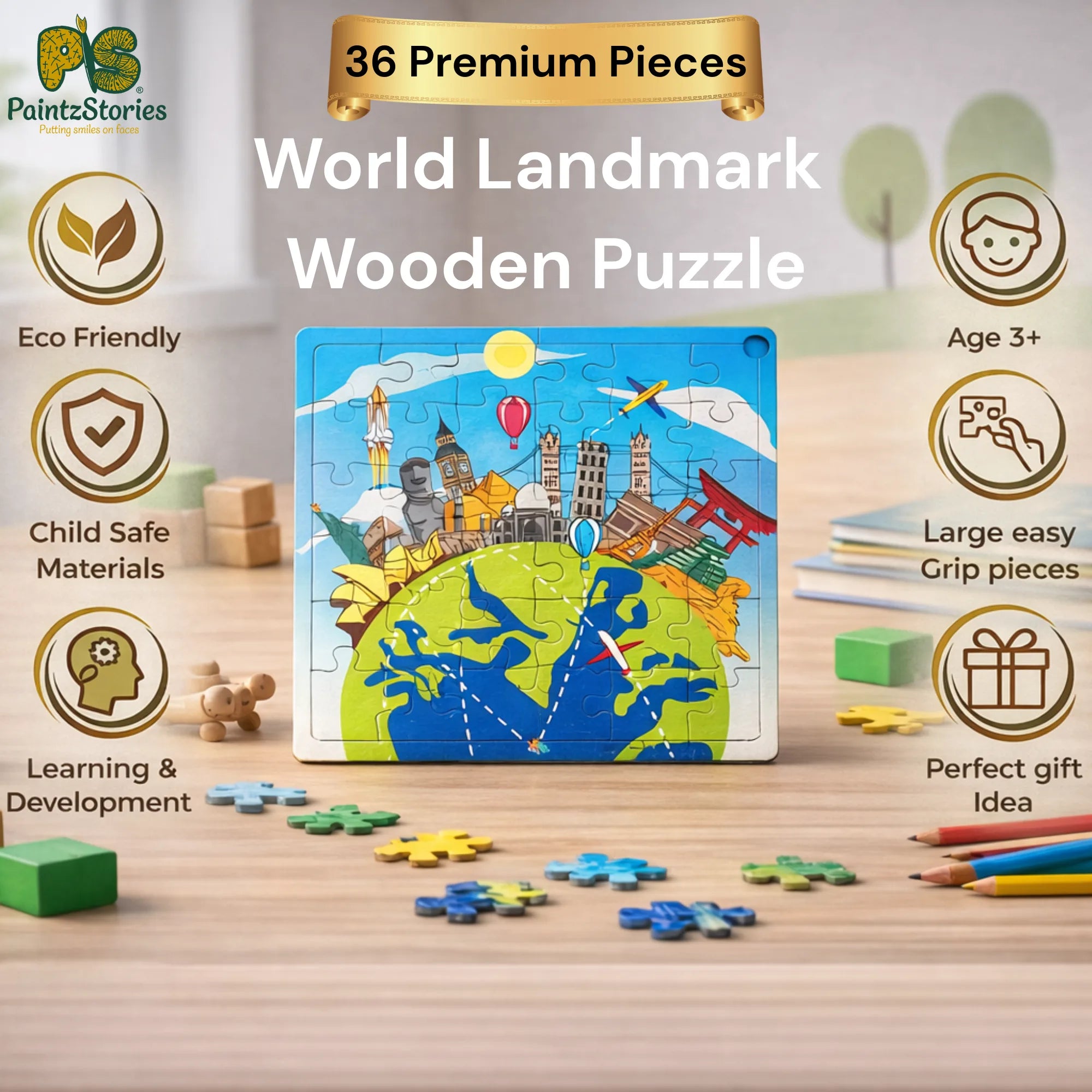 PAINTZSTORIES The World’s Most Iconic Landmarks Wooden Puzzle | 1 Set 36 Pieces Jigsaw | Educational Puzzle for Cognitive & Motor Skills Development | Birthday Gift for Kids | 3+ years | Size 9*9 Inch