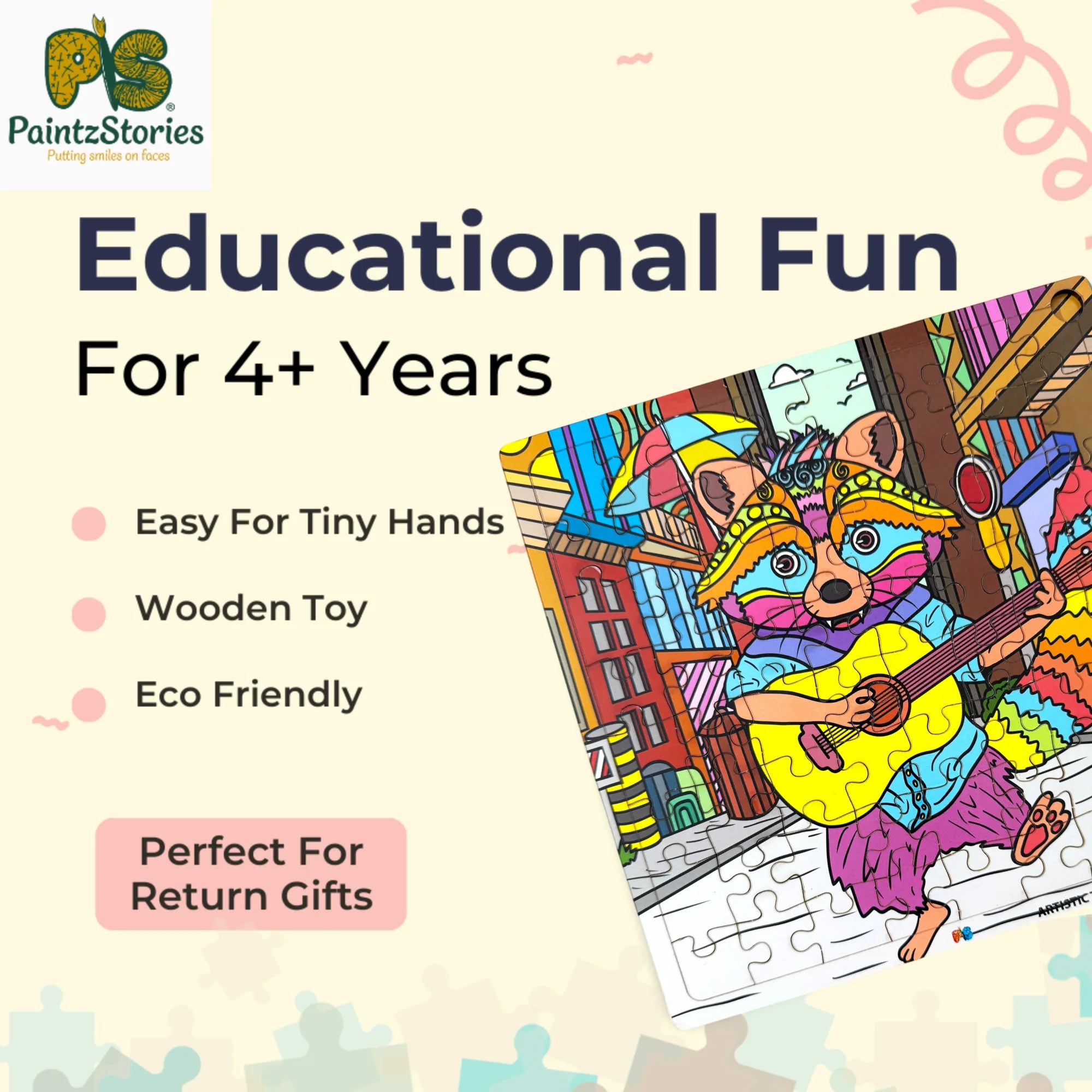 PAINTZSTORIES Guitarist Raccoon Wooden Puzzle | 1 Set 64 Pieces Jigsaw Puzzle | Educational Puzzle for Cognitive & Motor Skills Development | Birthday Gift for Kids | 4+ Years | Size 9 * 9 Inch